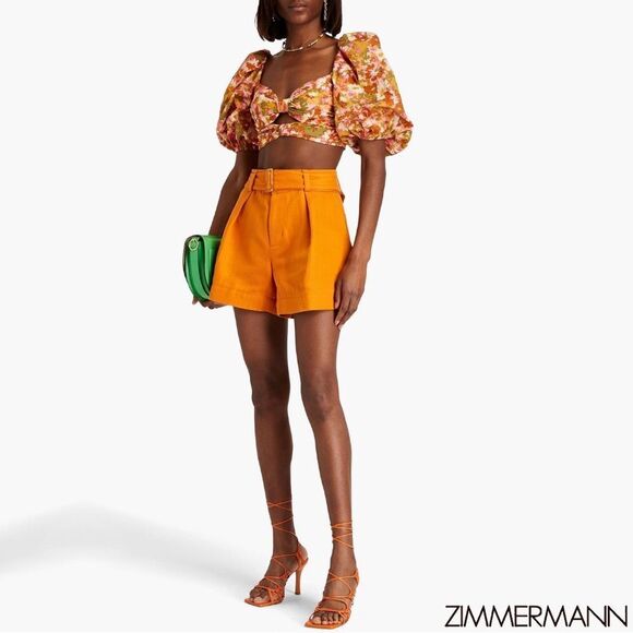 ZIMMERMANN Violet Twist Front Puff Sleeve Crop Top in Khaki Multi Floral - Picture 6 of 16